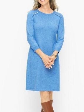 Talbots Cotton Blue Kitty Tweed Shift Sweater Dress Small Petite